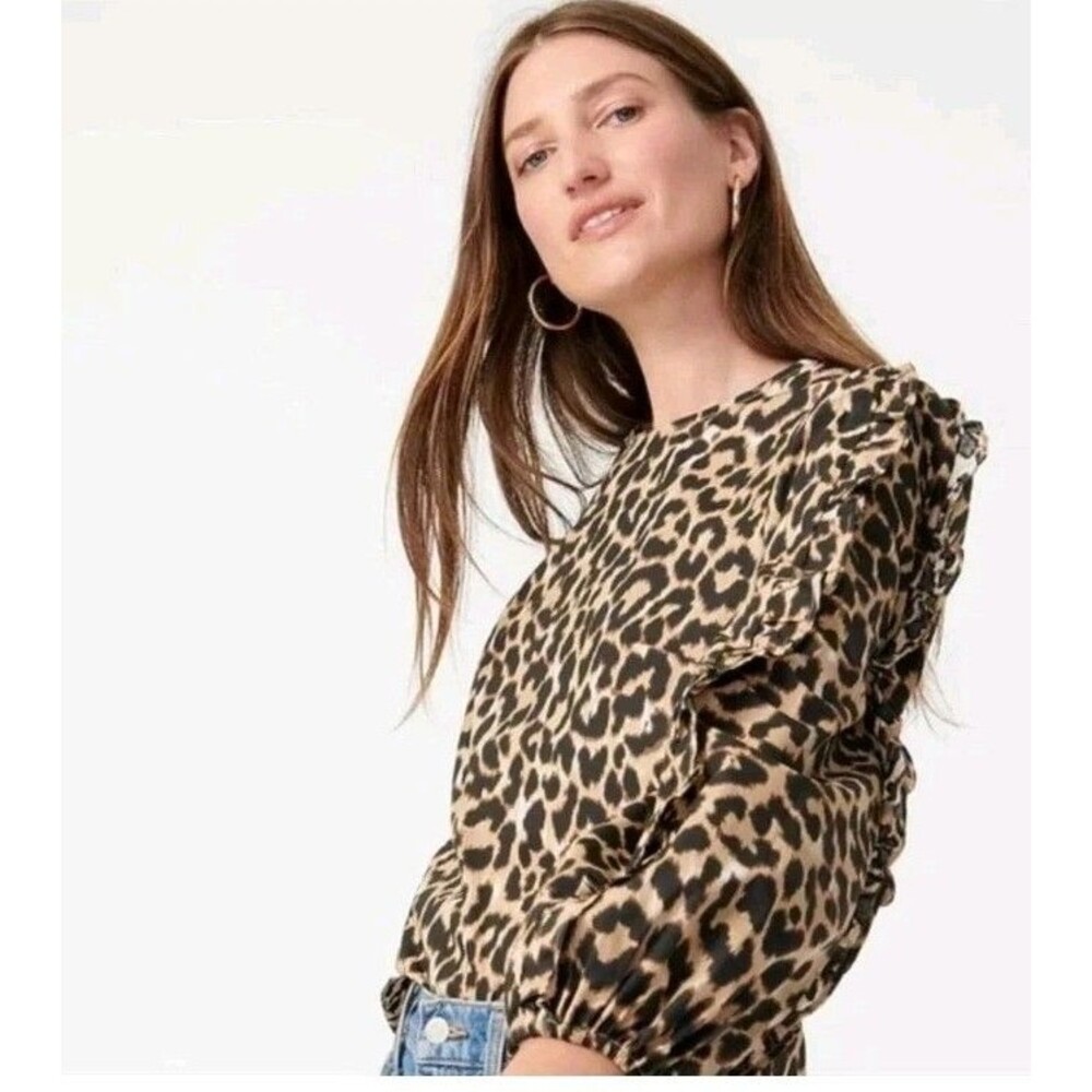 J. Crew Ruffle-Sleeve Top in Leopard Cotton Poplin AS011 $79.50 Size L NWT